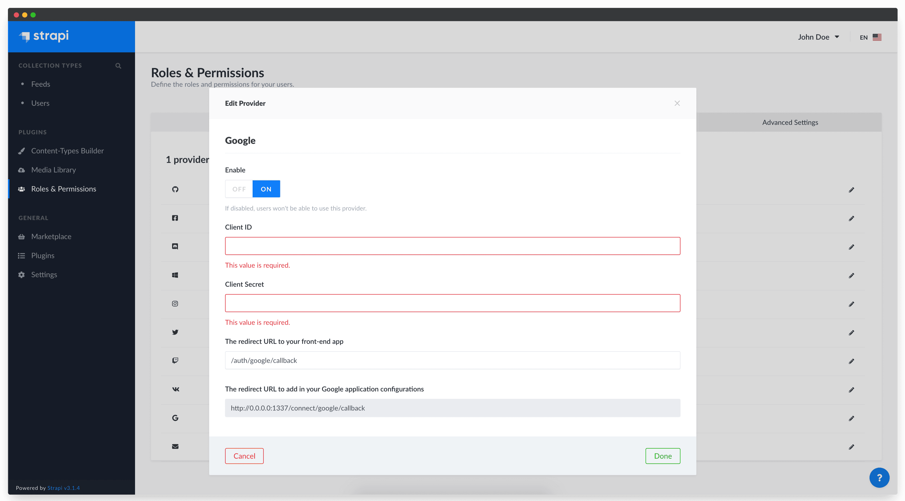 Google provider configuration in the Strapi admin panel